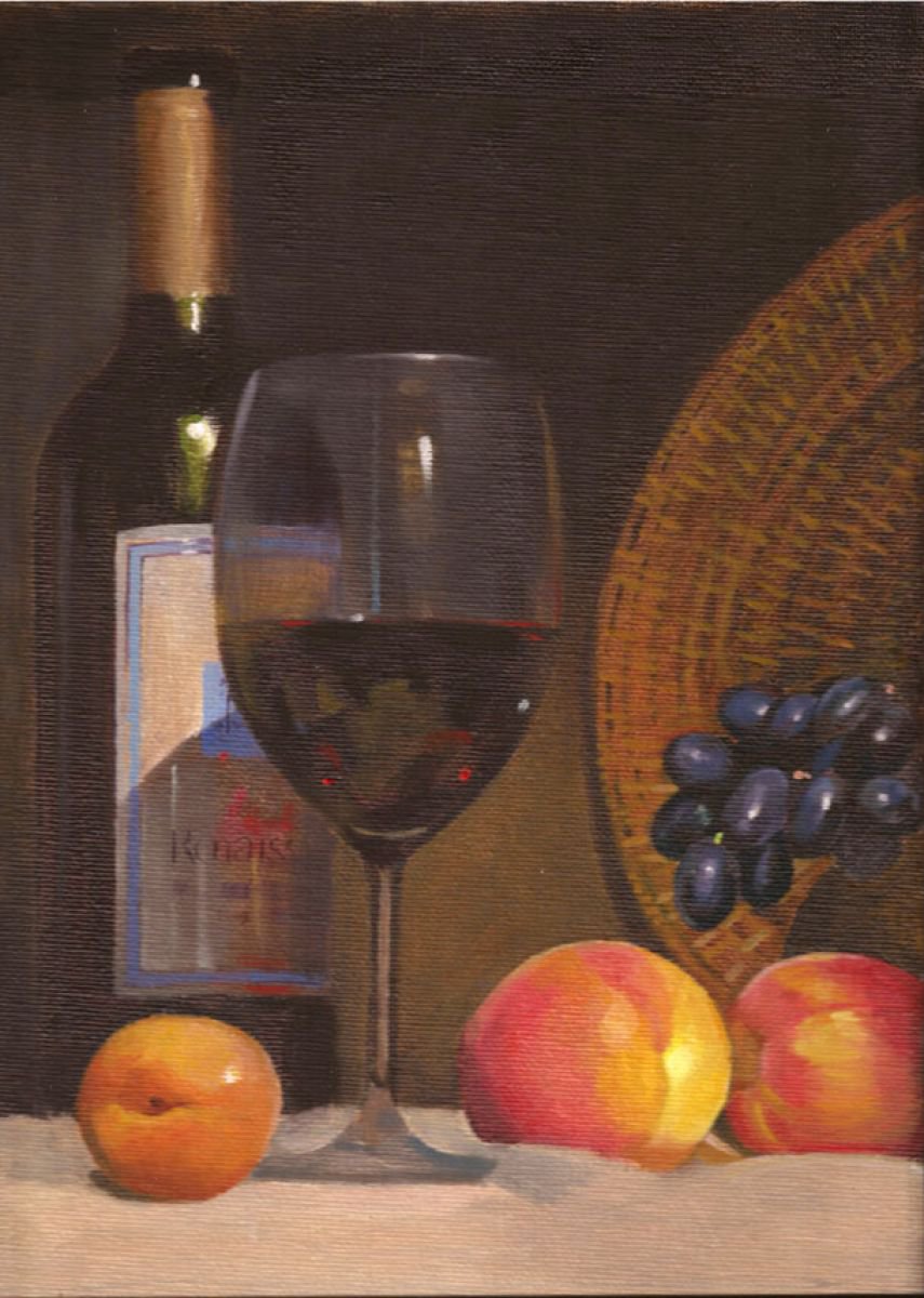 still-life with wine and peaches by Tatyana Holodnova