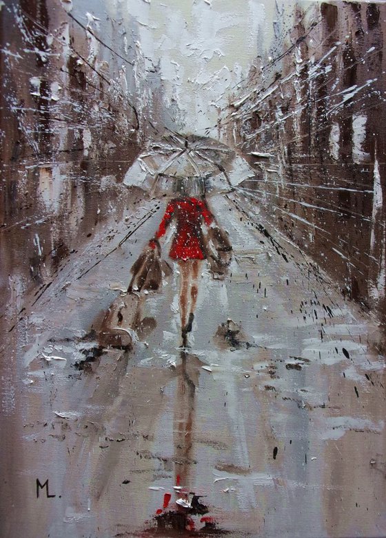 " NEW IN THE CITY ... "  RAIN street spring summer original painting CITY palette knife GIFT