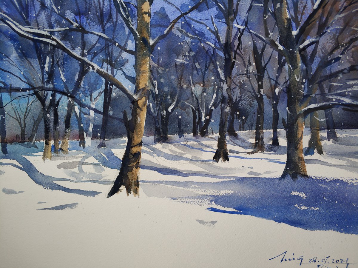 Impressionistic Landscape Watercolour By Jing Chen, 15 X 11, Snow In The Woods, Original Artwork