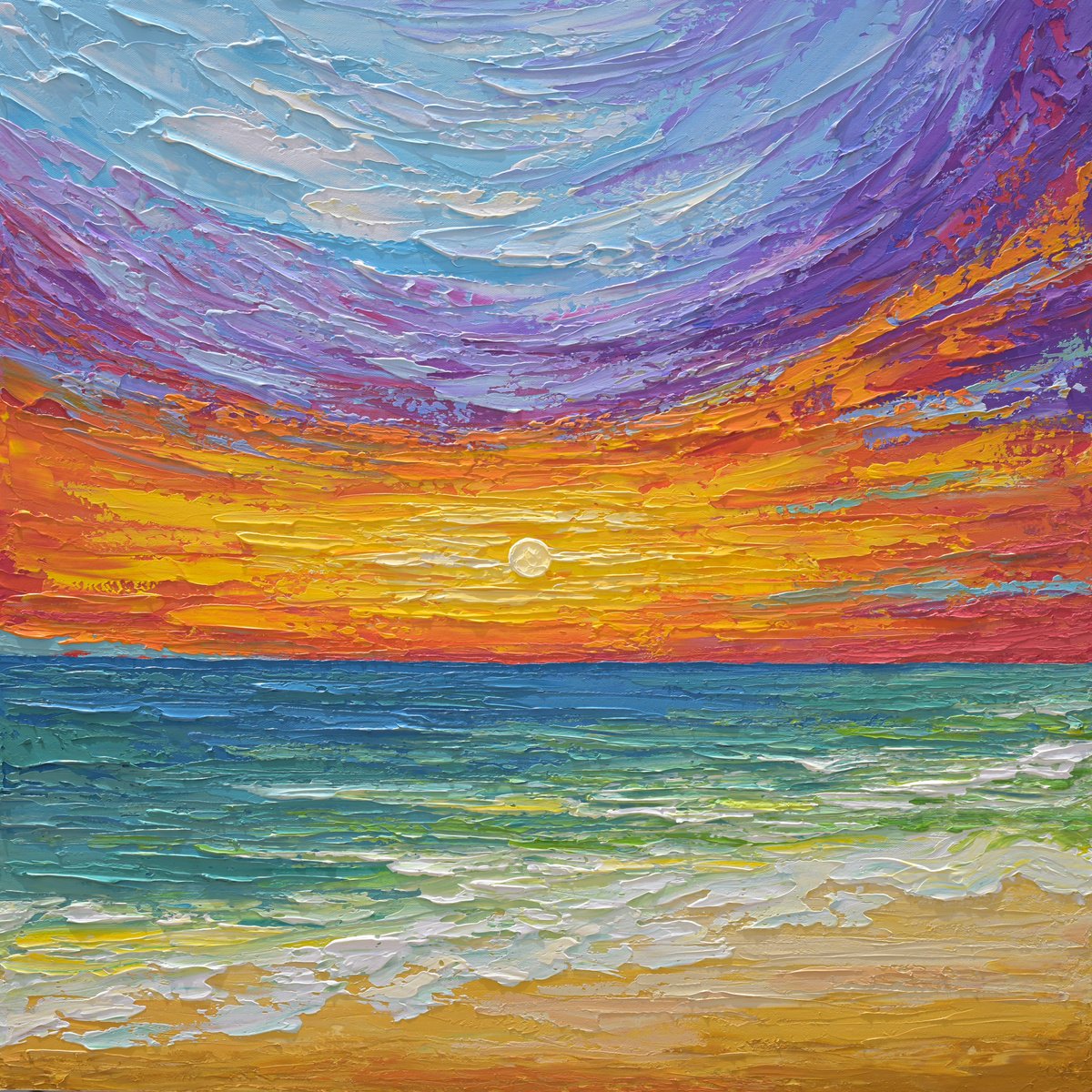 Impressionistic Landscape Acrylic Painting By Olga Tkachyk, 30 X 30", Summer Sunset, Original Artwork