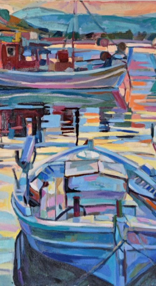 Fishing boats in sunset / 80 x 60 cm by Maja Đokić Mihajlović