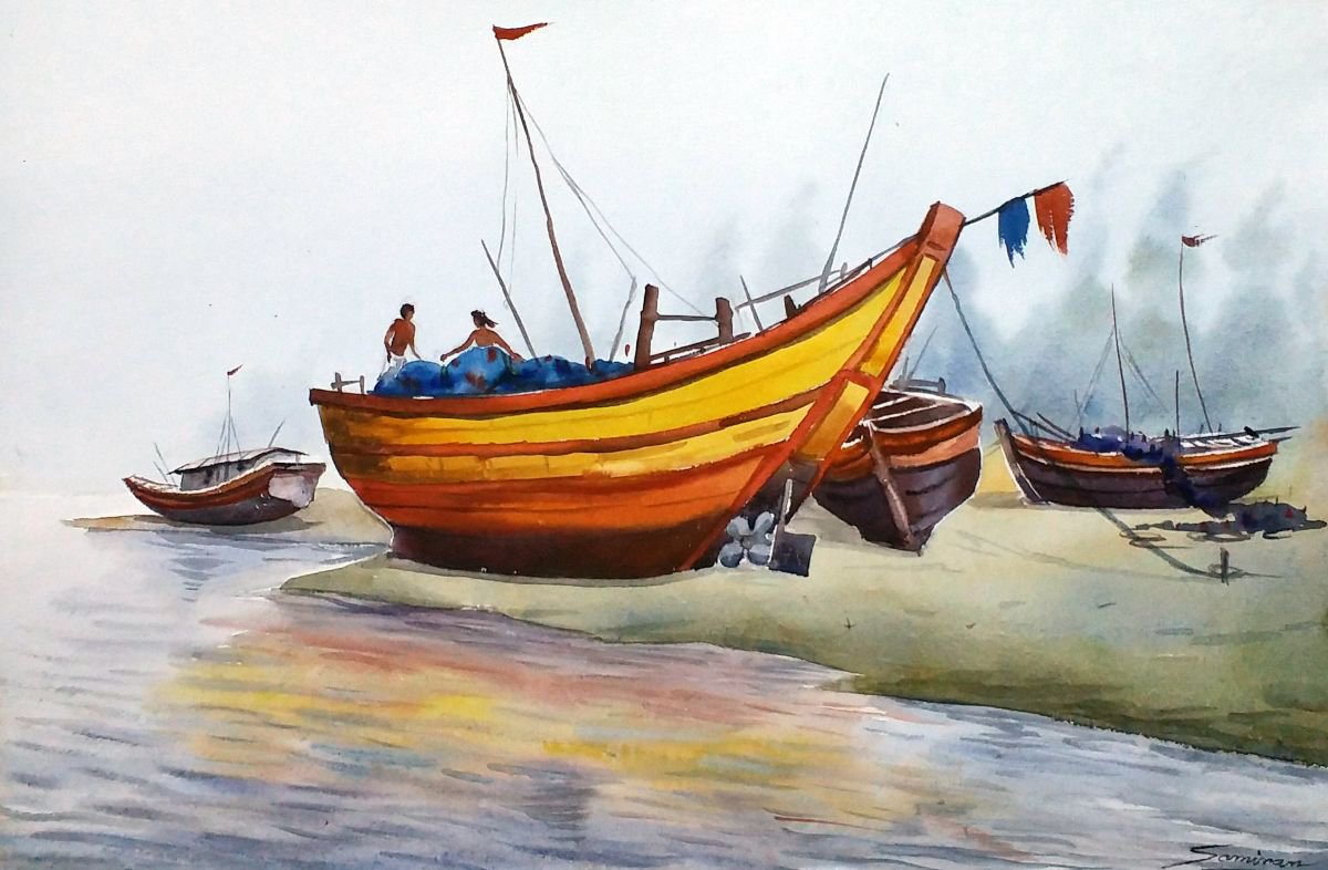 Colorful Fishing Boats - Watercolor Painting by Samiran Sarkar