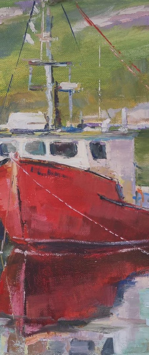 Red boat , plein air, original, one of a kind, oil on canvas painting, 12x12'' by Alexander Koltakov
