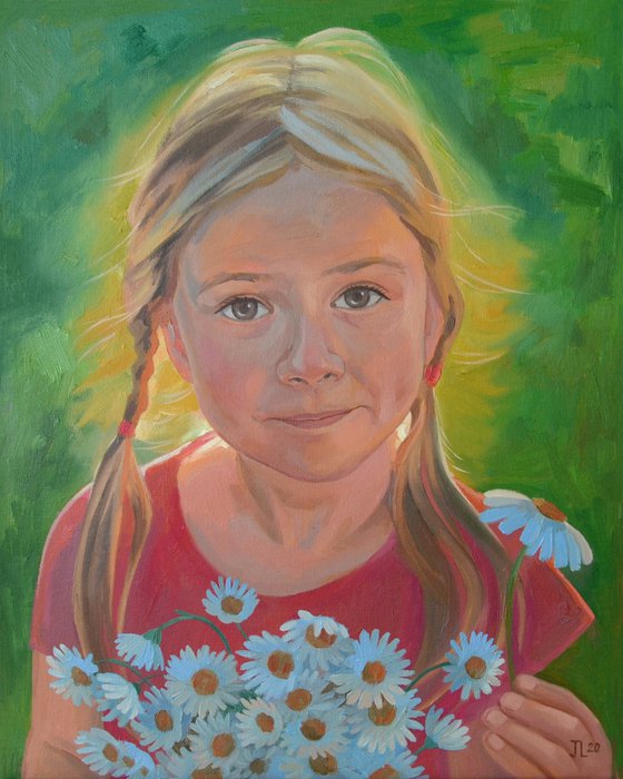 Girl with Flowers Commission Realistic Portrait Oil Painting