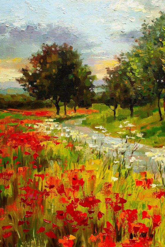 POPPY FIELDS (Modern Impressionistic Landscape Oil Painting, Gift for nature lovers)