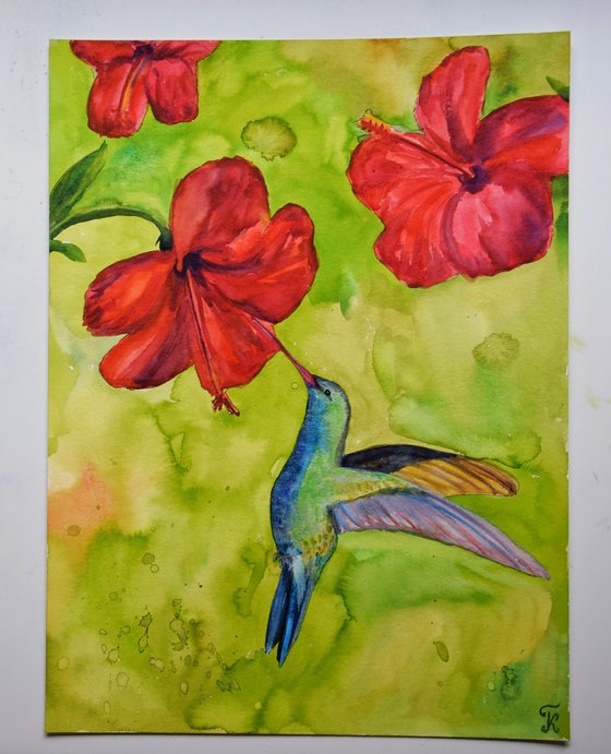 Hummingbird Watercolour Painting, Flower Original Artwork, Tropical Home Decor