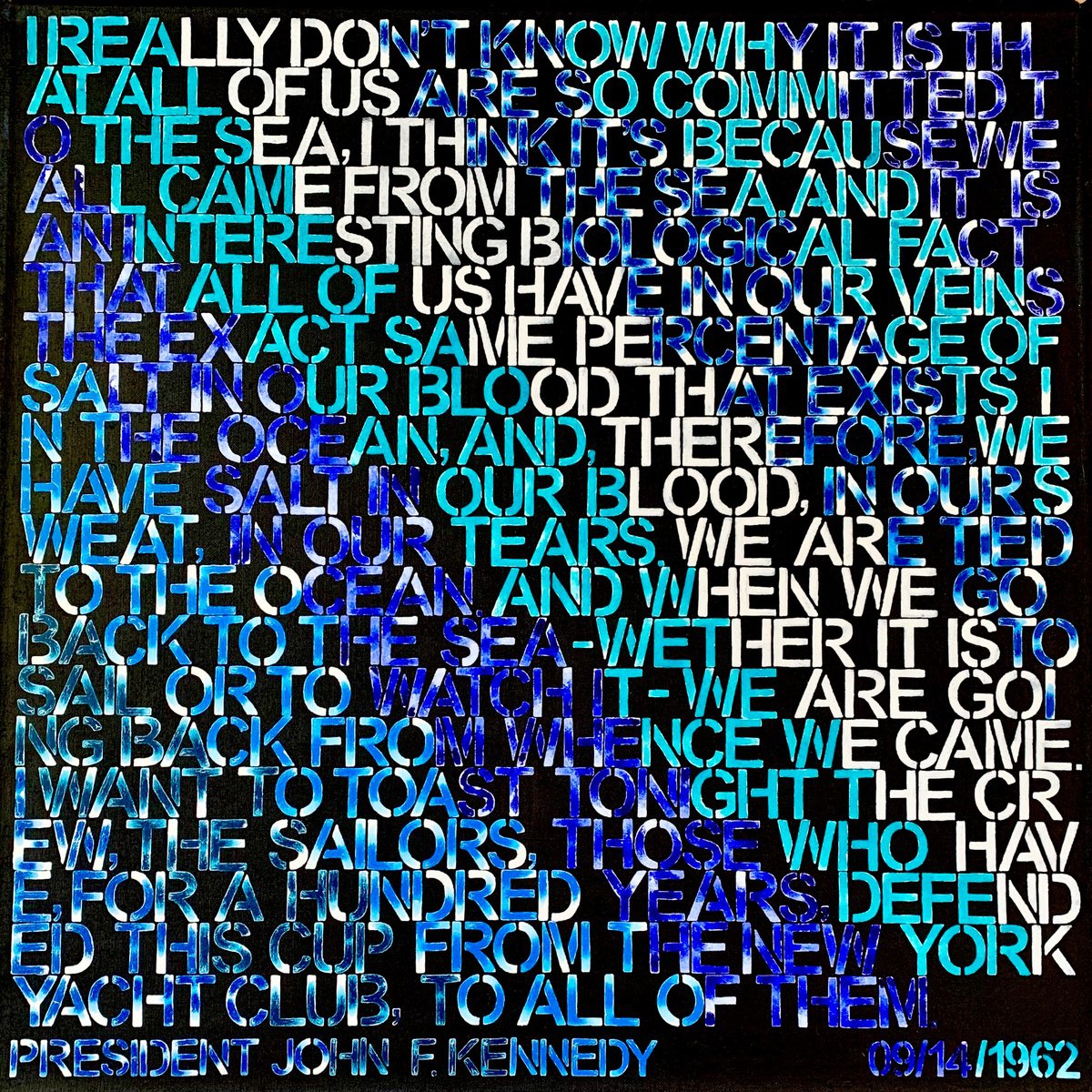 Typographic Landscape Acrylic Painting By Anita Kaufmann, 59 X 59, Love The Sea No. 4222 Blue Typography, Original Artwork