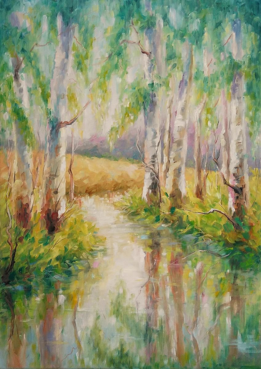 SUMMER CREEK, 50x70cm, summer riverside landscape by Emilia Milcheva