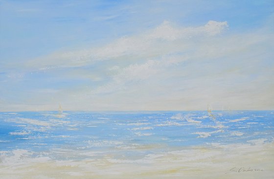 FREEDOM. Abstract Ocean Light Blue Acrylic Painting on Canvas, Contemporary Seascape, Coastal Art