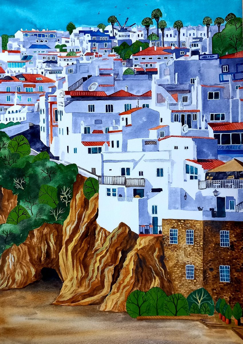 Illustrative Cityscapes Painting By Terri Smith, 16 X 20", Albufeira, Original Artwork