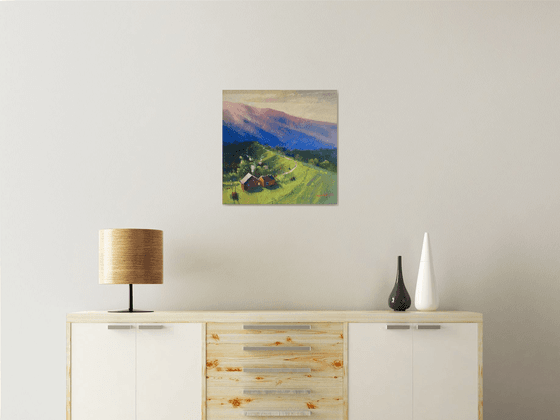 Ukrainian art Sunrise in Mountains Carpathian. Soft pastel 19.6x19.6 inch (50x50 cm)