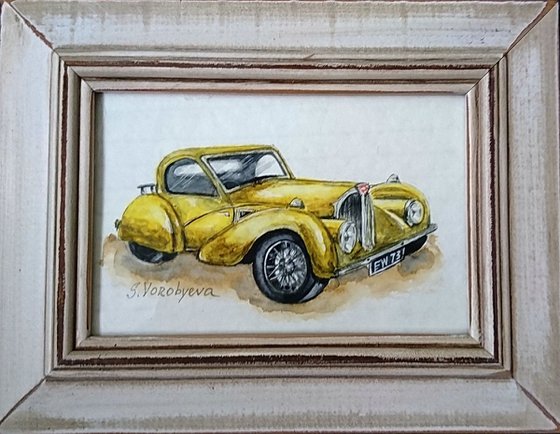 Yellow car. Watercolor miniature. Part from "Retro cars" series. Framed