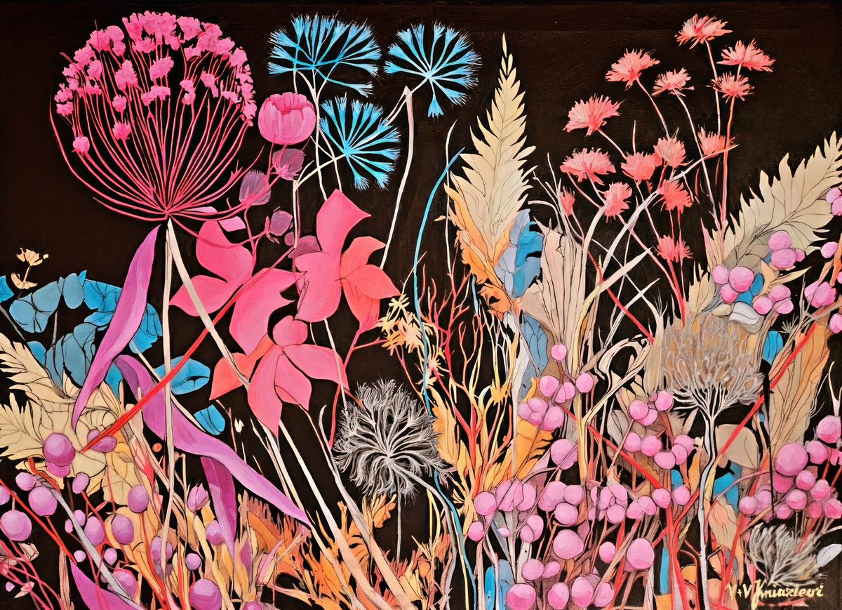 Abstract Acrylic Painting By V+V Kniazievi, 28 X 20", Night Herbs #1, Original Artwork