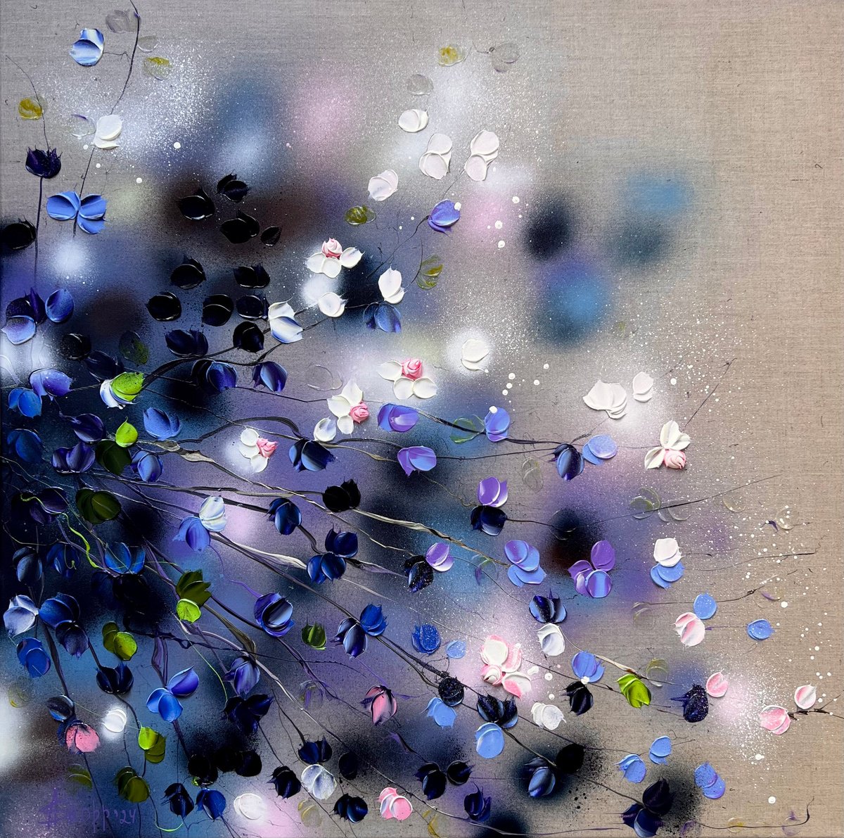 Expressive Botanical Acrylic Painting By Anastassia Skopp, 31 X 31, Blue-Violet Rose Bush, Original Artwork