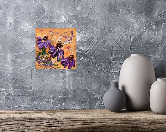 Coneflowers Painting Impasto Original Art Floral Artwork Flower Wall Art 4 by 4"