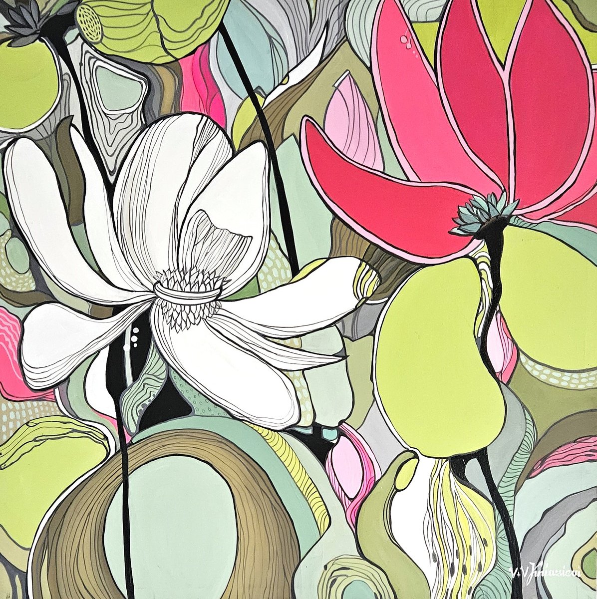 Abstract Acrylic Painting By V+V Kniazievi, 28 X 28", Winter In Malaga #3, Original Artwork