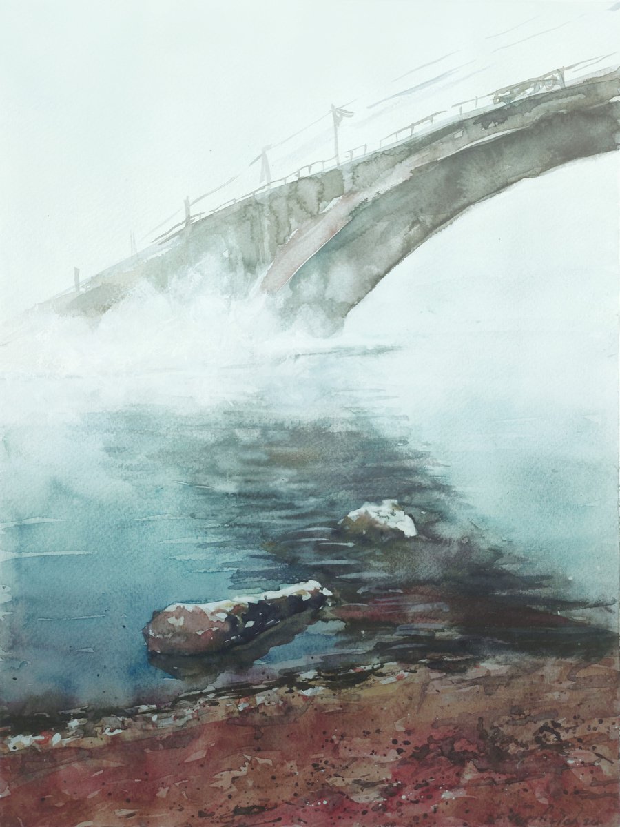 Impressionistic Watercolour , Morning Fog Over The River By Elena Yuzefovich, 12 X 16, Artwork For Sale On Artfinder