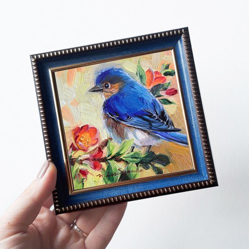 Bluebird on blossom branch painting by Nataly Derevyanko