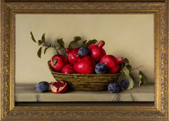 Authum with pomegranates and plums, 60x90cm, oil on canvas 2018, classical still life