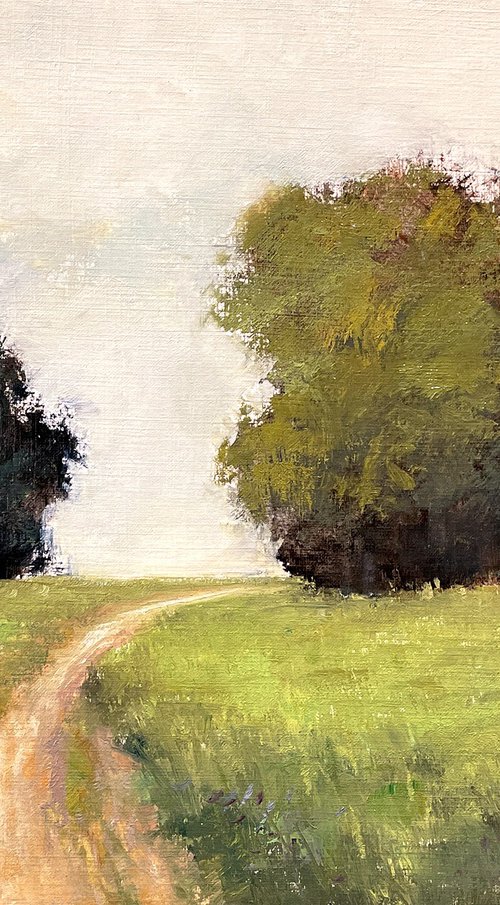 Country Path 221016, green trees and field impressionist landscape painting by Don Bishop