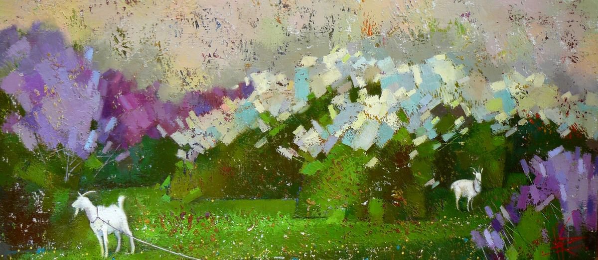 Impressionistic Landscape Oil Painting By Oksana Kornienko, 35 X 16", In The Shade Of The Lilac, Original Artwork