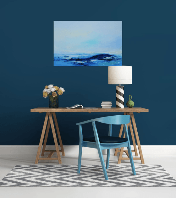 Large Abstract Seascape Painting #810-43. Beach, ocean, waves, sky with clouds. Coastal Decor Art.