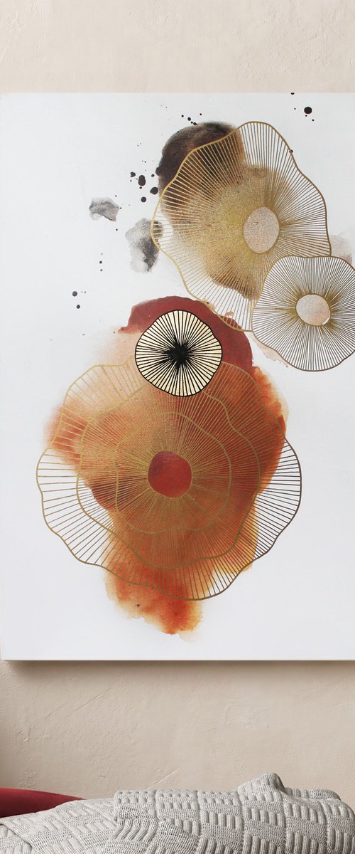 "Golden Molecules 4" Gold orange minimal art by Marine Boiko