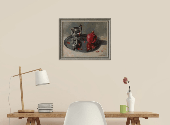 "Reflections" still life pomegranate metal silver white liGHt original painting  GIFT (2019)