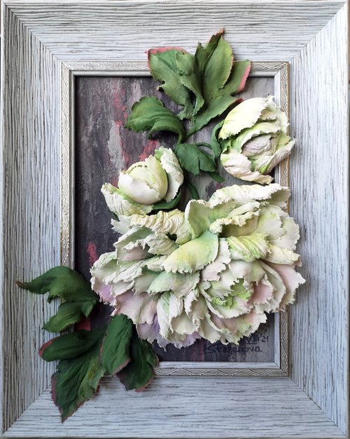 White peonies - flower garden painting in a frame. Mysterious conversation: A secret. 24x30x5 cm by Irina Stepanova