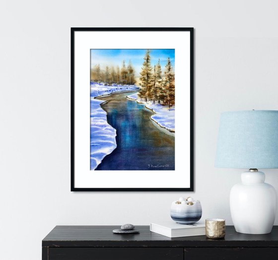 Winter Stream Glow original watercolo art, winter landscape, goft idea