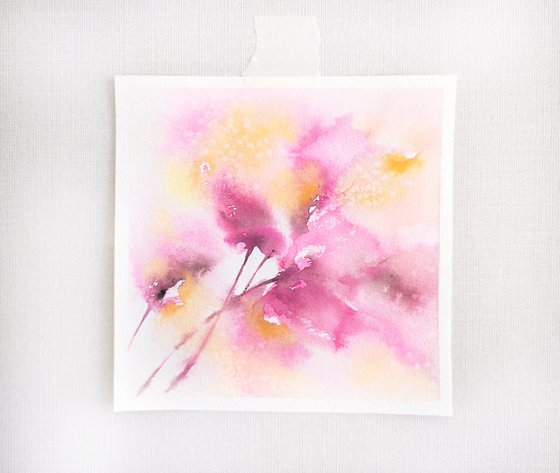 Small floral card, watercolor loose flowers, pink floral miniature painting