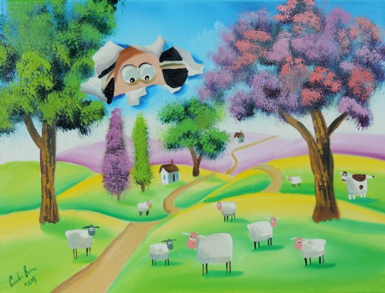 Sheep peeking through the canvas