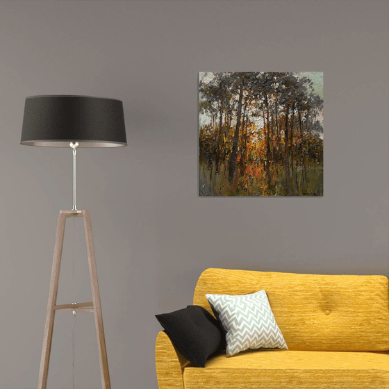 Autumn forest at sunset  Landscape painting