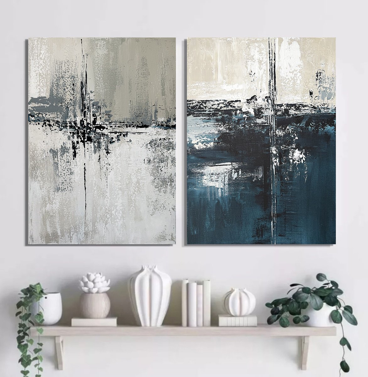 Impressionistic Abstract Acrylic Painting By Tatiana Malinovscaia, 39 X 28", Shades Of Indigo Diptych Set, Original Artwork