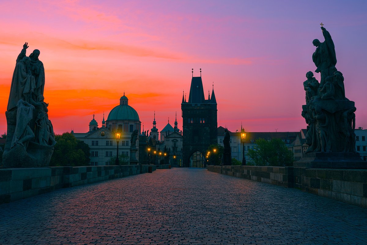 Photorealistic Cityscapes Photograph By Nick Psomiadis, 53 X 35", Silent Sunrise Over Prague, Original Artwork