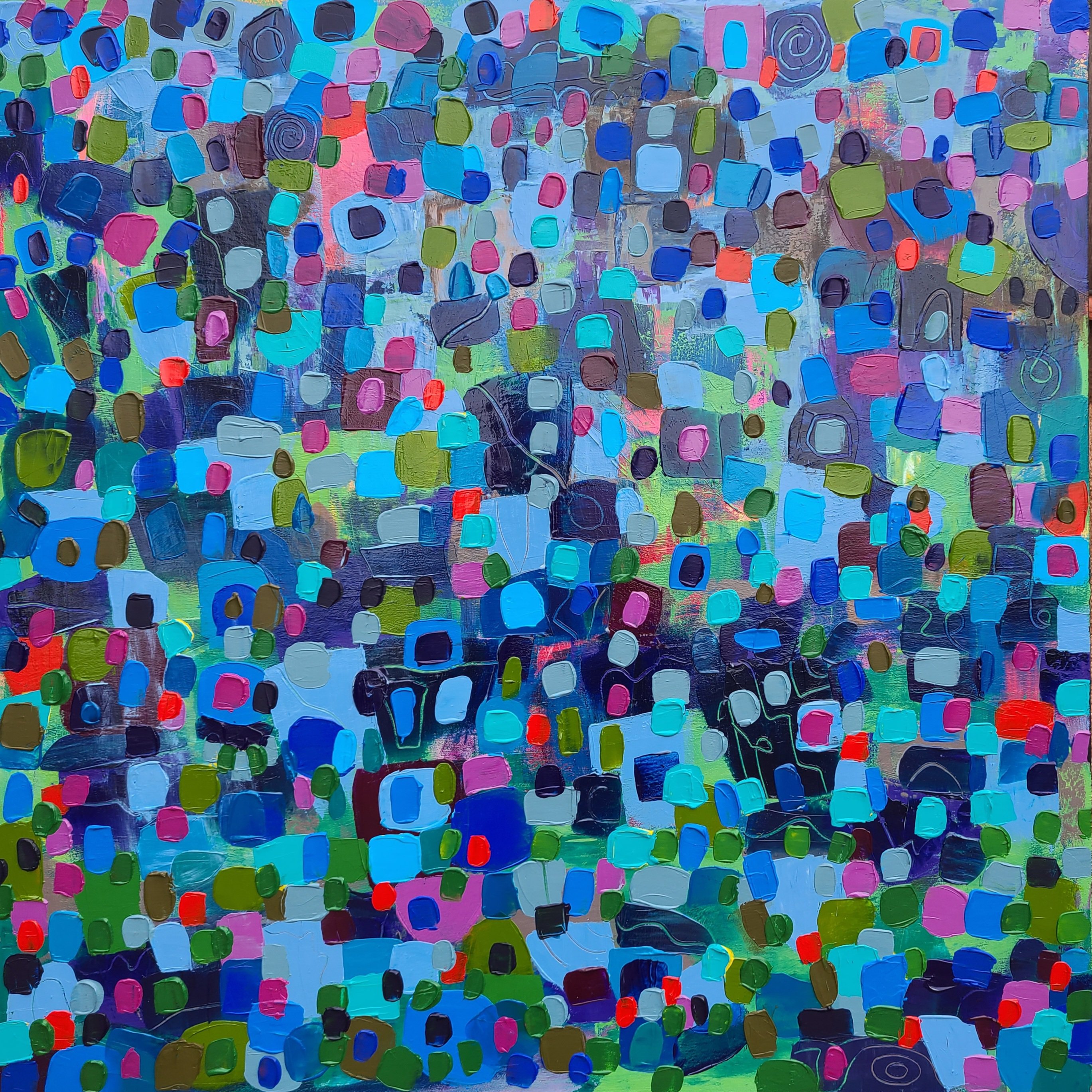 Geometric Abstract Acrylic Painting By Stacy Neasham, 36 X 36", Colorful World, Original Artwork