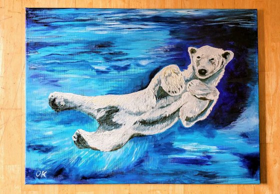 Polar bear,  ocean , cool water,  turquoise, deep blue, ultramarine