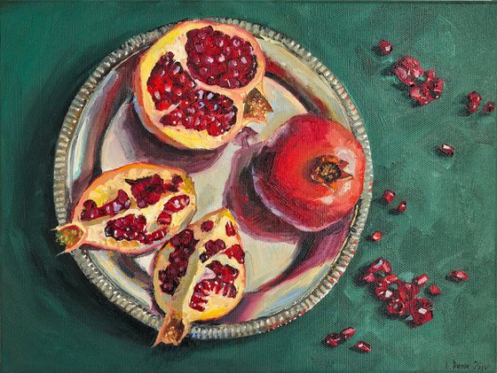 Pomegranates on metal tray