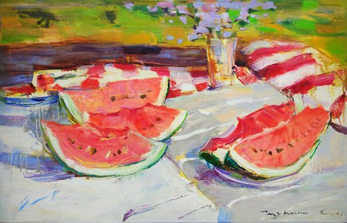 Watermelon . Summer Still Life . Original Oil Painting by Helen Shukina