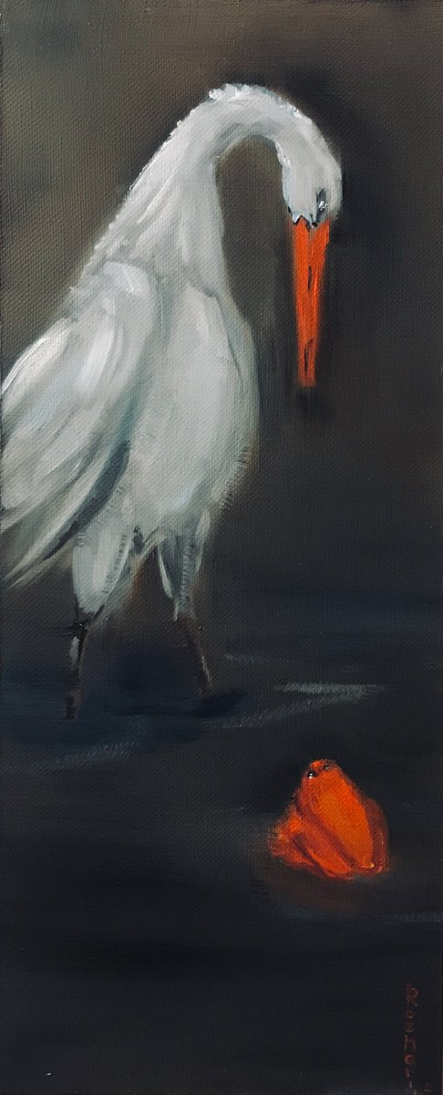 Expressive Animal Oil Painting By Marina Deryagina, 10 X 24", Hello! A Heron And A Frog, Original Artwork