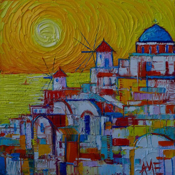 ABSTRACT CITYSCAPE SANTORINI OIA SUNSET contemporary art modern impressionism textural impasto palette knife original oil painting
