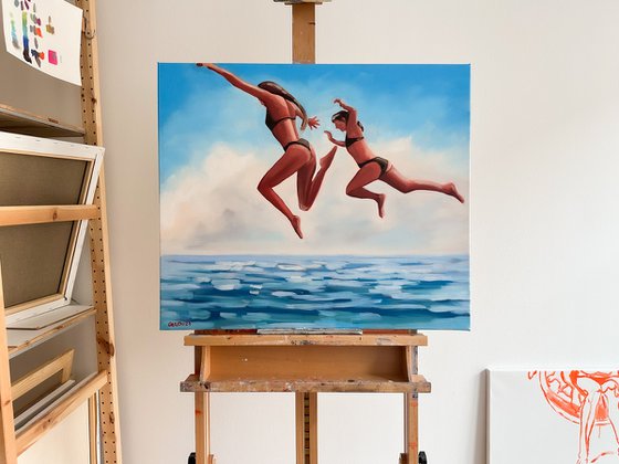 Swimmers - Women Dive in Sea Water Summer Vibes Painting