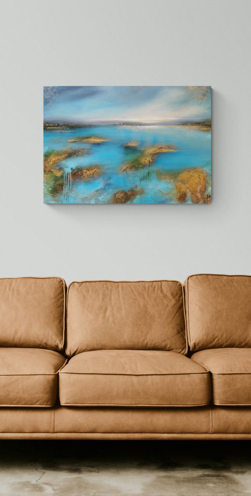 A large abstract beautiful structured mixed media painting of a lake "On the lakeshore" by Vera Hoi