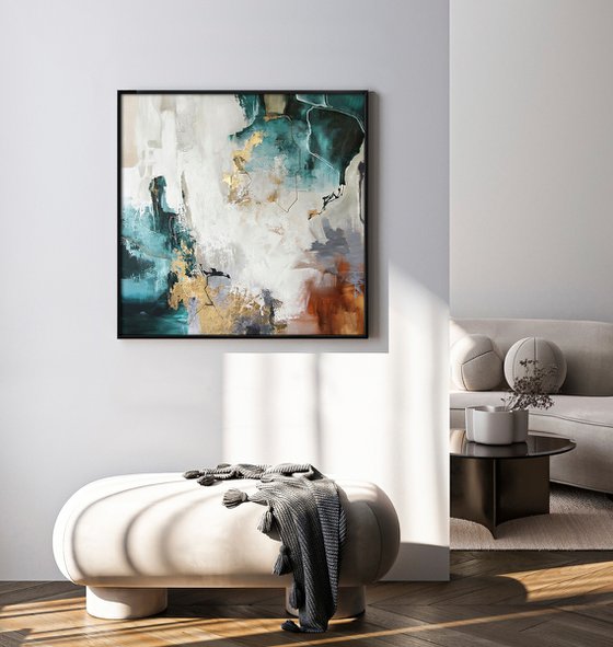 "Teal Flood" Teal gold abstract acrylic art