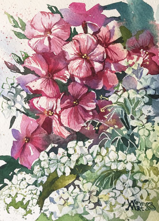 "Hydrangea", a miniature painting of flowers.