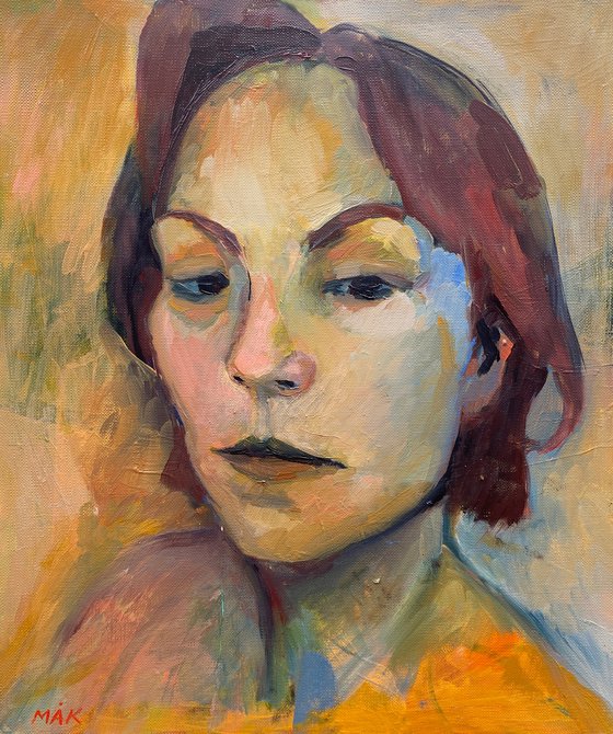 SELF-PORTRAIT 3 - ochre woman portrait in impressionistic style