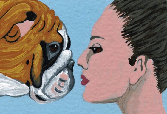 ACEO ATC Original Miniature Painting English Bulldog Human Love Art-Carla Smale