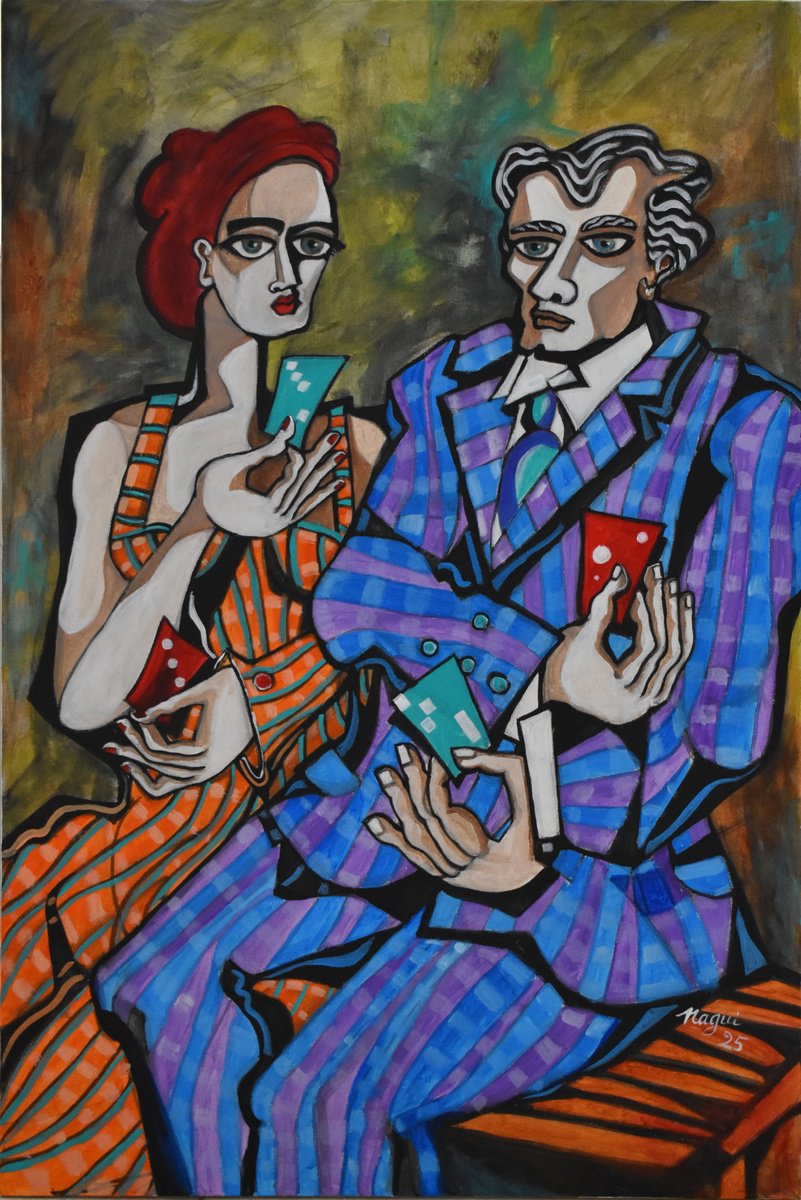 Expressive Portrait Acrylic Painting By Nagui, 24 X 36", Couple Therapy, Original Artwork