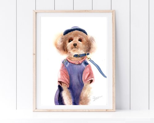 Original Dog in Clothes watercolor Painting by Olga Shefranov (Tchefranov)