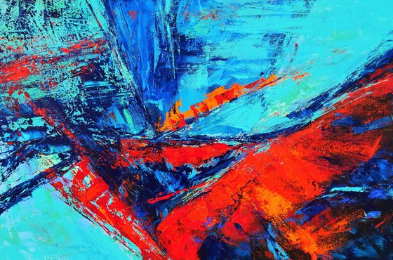 MOMENTS IN TIME I. Teal, Blue, Aqua, Navy, Red Contemporary Abstract Painting with Texture